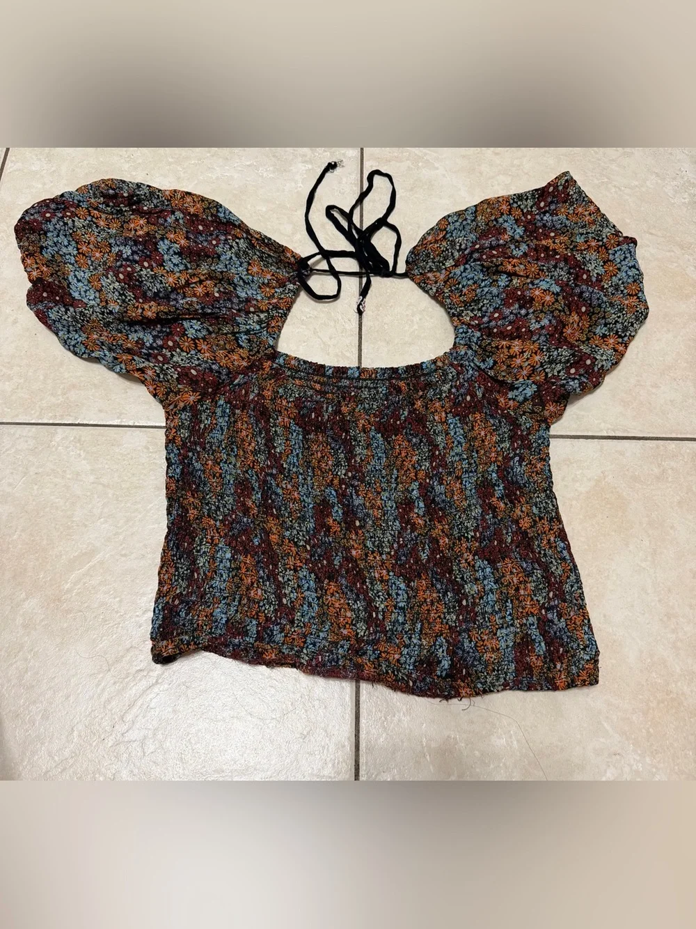 Free People Back On Top Smocked Puff Sleeve Cropped Blouse Black Floral Combo